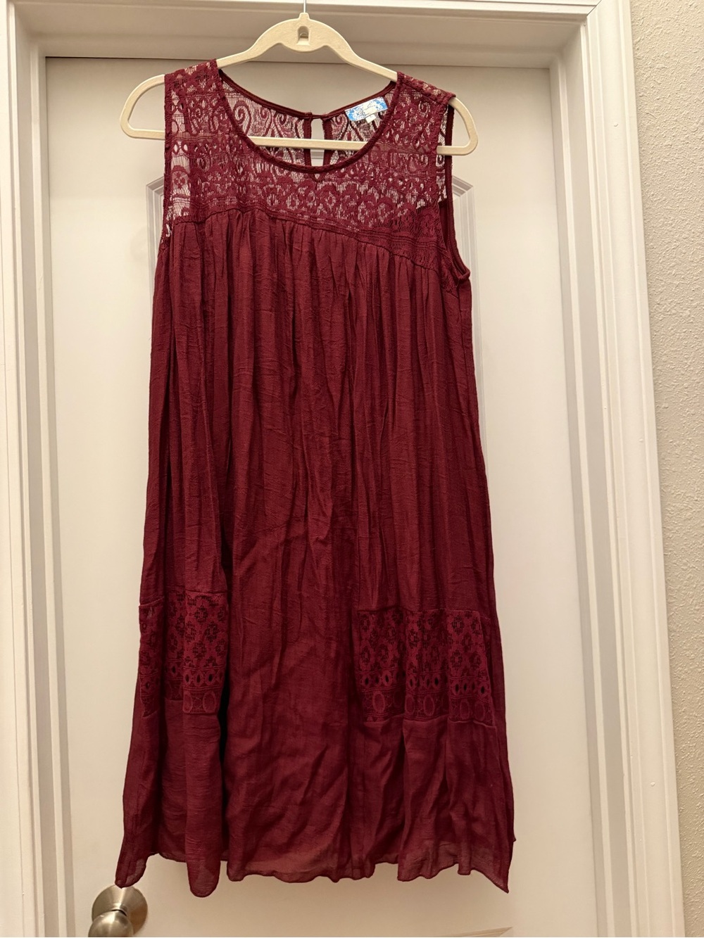 Sleeveless Lace Yoke Mini Dress in Burgundy